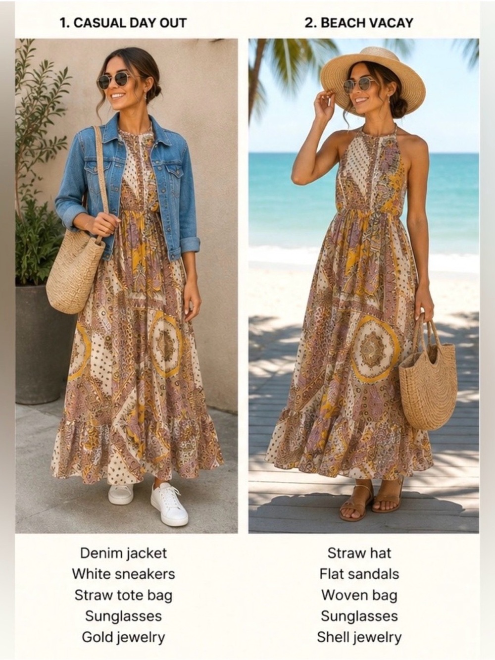 Boho Halter Maxi Dress in Beige and Mustard - Picture 2 of 7